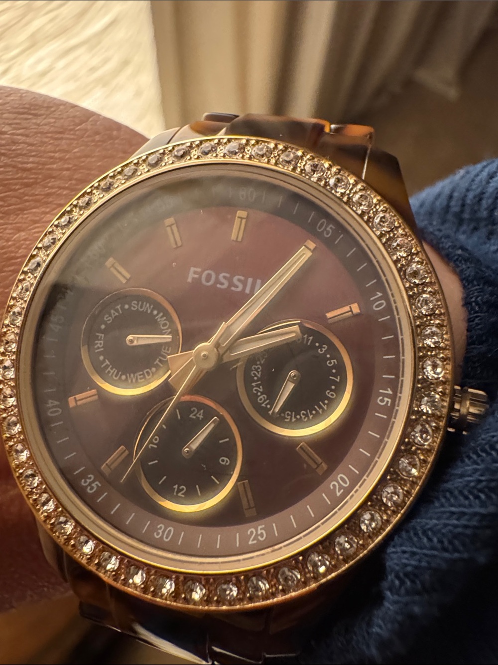 Fossil Women's Gold-Tone Brown Tortoiseshell Crystal Bezel Watch